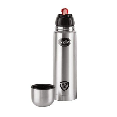 Cello Flip Style Vacuum Insulated Flask | Hot and Cold Water Bottle | Double Walled Stainless Steel Bottle for Travel, Home, Office, School | 1000ml, Silver