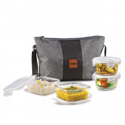 CELLO Glassy Square Lunch Box Set of 4 (320 ml x 2, 240 ml x 2)