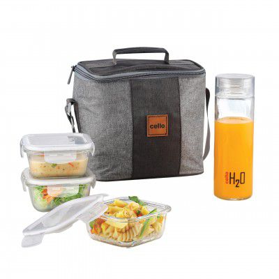 CELLO Glassy Suare Lunch Box Set of 4 | (320ml x 3) & 1 Clear Glass Water Bottle (500ml)