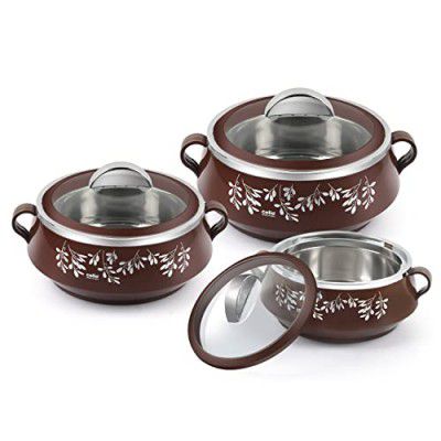 Cello Glitter Casserole with Inner Steel | Insulated Stainless Steel Inner Body Casserole Set for Meal| chapati| Curry| roti, Set of 3, Brown
