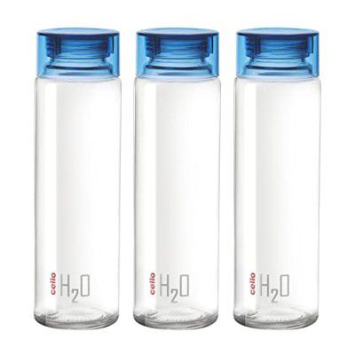 CELLO H2O Glass Fridge Water Bottle with Plastic Cap | Leak proof & break-proof | Set of 3, 920ml | Blue