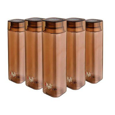 CELLO H2O Squaremate Plastic Water Bottle | Lid is sealed by a silicone ring | 1 Liter | Brown, Set of 5