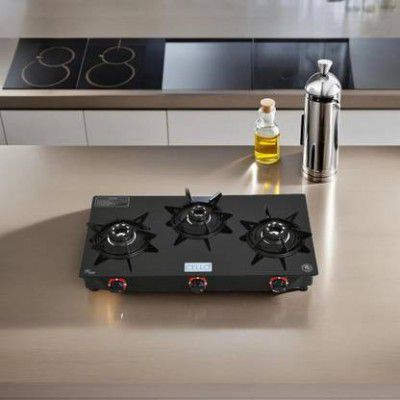 CELLO Hexa Manual Ignition Black Aluminium Alloy Burner Toughened Glass Glass Manual Gas Stove  (3 Burners)