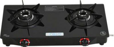 CELLO Hexa Manual Ignition Black Aluminium Alloy Burner Toughened Glass Iron Manual Gas Stove  (2 Burners)