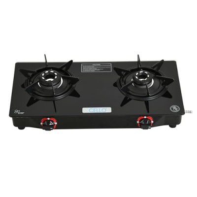 Cello Hexa Toughened Glass-Top 2 Black Aluminium Alloy Burner LPG Gas Stove | 1 Year Warranty