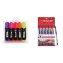 Cello Hi-Lighter(Pack Of 5, Vivid Colors - Yellow, Pink, Peach, Orange And Purple)| Easily Applica & Cello Technotip Ball Pen Set(Pack Of 10 Pens - Blue)| Lightweight Ball Pens For Pressure Free & Fi...