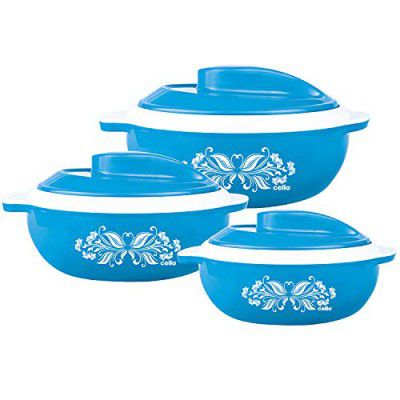 Cello Hot Serve Insulated Inner Steel Casserole Set of 3, Blue (500ml, 850ml, 1500ml) | Hot Box for Kitchen | Hot Pot | Chapati Box | Locks in The Cold & Heat for Long | Serving Bowl with Lid |
