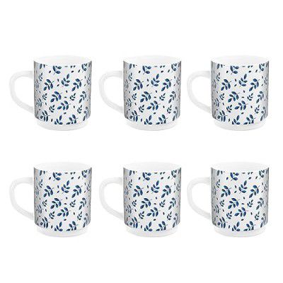 CELLO Imperial Premium Roma Coffee Mug 300 ml | Coffee/Milk Mug with Handle | Mug for Tea, Coffee, Cappuccino or hot and Cold Beverages | 6 Units | Blue Foliage, White