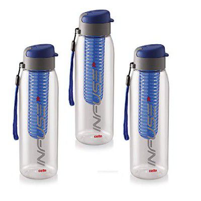 CELLO Infuse Plastic Water Bottle, 800 ml, Set of 3, Blue | Detox Bottle with Infuser Chamber | Leakproof Plastic Bottle with Wide Mouth Opening | Ideal for Gym, Office, Travel