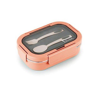 CELLO Lunch Buddy Lunch Box with Plastic Spoon and Fork | 100% Food Grade | Leak Proof and Break Resistant 925 ml, Orange
