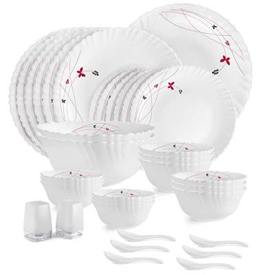 Cello Lush Fiesta Dazzle Series Opalware Dinner Set, 35-Pieces, Service for 6, White