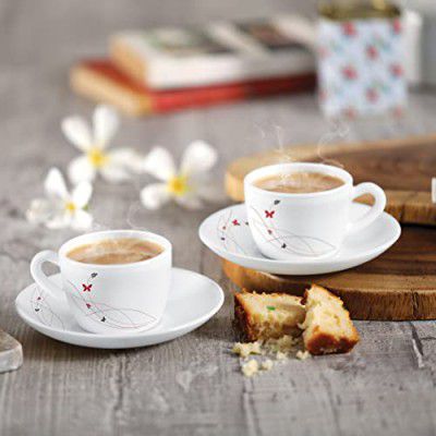 CELLO Lush Fiesta Opalware Queen Cup and Saucer Set | Small Size Cups |130 ml, 12 Units, White