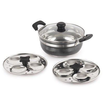 CELLO Magna Stainless Steel Idli Maker (2 Plates + 1 Kadai) with Glass Lid
