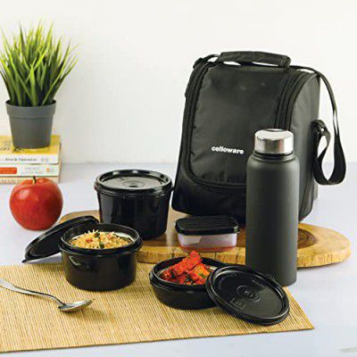 Cello Max Fresh All in One Lunch Box Set of 5 with Fabric Bag | 3 Plastic Containers with Steel Inner, 1 Pickle Box and 1 Steel Bottle | Microwave Safe