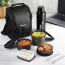 CELLO Max Fresh All in One Lunch Box Set of 5 with Fabric Bag | 3 Plastic Containers, 1 Pickle Box and 1 Steel Bottle | Microwave Safe | Full Meal and Easy to Carry, Black...