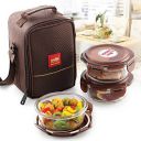 CELLO Maxfresh Glassy Seal O Fresh Glass Lunch Box Set of 3 Containers, 400ml Each, Brown...