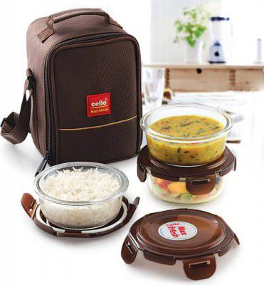 cello Maxfresh Glassy Seal O Fresh Round Borosilicate Glass 3 Containers Lunch Box  (1050 ml)