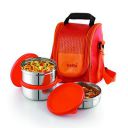 CELLO Metal and Plastic MF Matiz Lunch Box, 3 Unit, Orange | Stainless Steel Lunch Box | Lunch Box with Jacket and Handle | Ideal for Office...