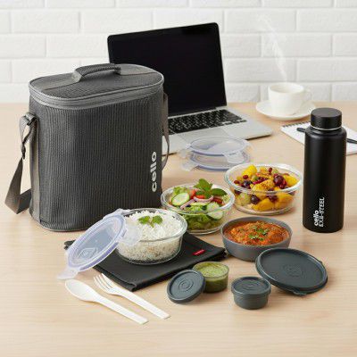 CELLO MF Glassy Pro Max 9 Pcs Glass Lunch Box with Bag, Grey