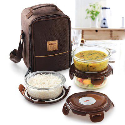 Cello MF Glassy Seal O Fresh Glass Lunch Box Set of 3 Round Containers - 400ml Each with Jacket | Brown