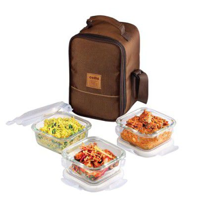 CELLO MF Glassy Seal O Fresh Glass Lunch Box Set of 3 Square Containers, 350ml 