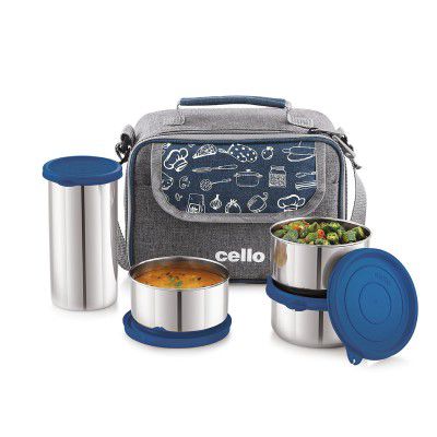 CELLO MF High Meal Combo Lunch Box Set with Bag, Blue | Set of 3 x 300ml Steel Containers + Steel Tumbler 510ml 