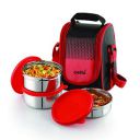 CELLO MF Plastic Matiz Lunch Box (375ml, Red) | Stainless Steel Lunch Box with Plastic Lid 3 Unit | Lunch Box with Jacket and Handle | Ideal for Office...
