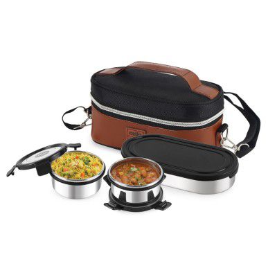 CELLO MF President Stainless Steel Lunch Box with Bag, Black Leatherite