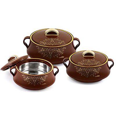 Cello Midas Casserole Gift Set with Inner Steel, 3pc (500ml, 1000ml, 1500ml), Brown (CLO_Midas_3PC_BRWN)