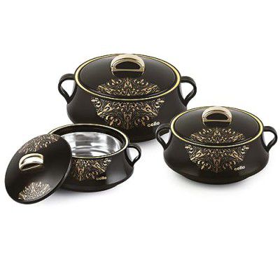 Cello Midas Insulated Inner Steel Casserole Set of 3, Black, (500ml, 1000ml, 1500ml)| Hot Box for Kitchen
