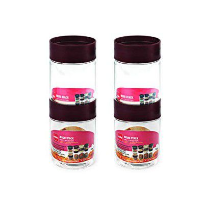 CELLO Modustack Pet Storage Jar For Kitchen Set of 4 Pcs, 750 ml Grey | Freezer & Fridge Safe, See Through Airtight Stackable Pet Kitchen Storage Box Container Set For Beans, Whole Grains, Spices