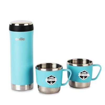Cello My Cup Vacusteel Flask with Mugs Gift Set | 3 Unit, Blue