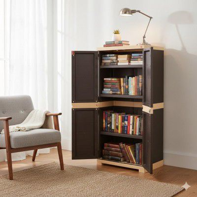 Cello Novelty Big Bookshelf, Brown & Beige | 2 Dustproof Doors | Space Saving Cupboard | Plastic Book Shelf | Multipurpose Book Shelf for Home, Office | Book Organizer for Library