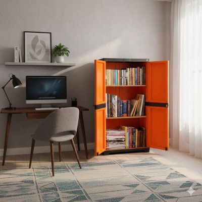 Cello Novelty Big Bookshelf, Orange & Brown | 2 Dustproof Doors | Book Organizer for Library