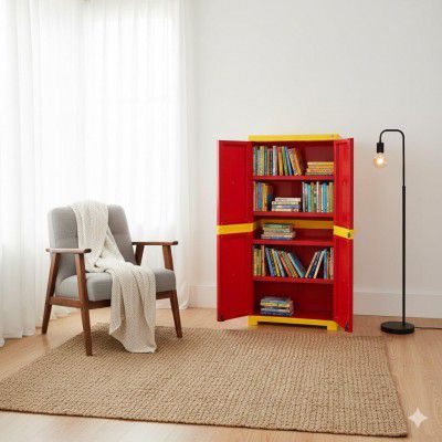 Cello Novelty Big Bookshelf, Red & Yellow | 2 Dustproof Doors | Space Saving Cupboard | Plastic Book Shelf | Multipurpose Book Shelf for Home, Office | Book Organizer for Library