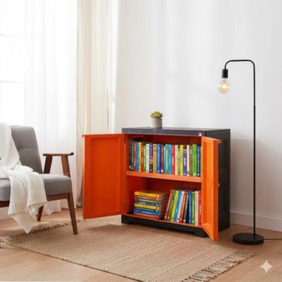 Cello Novelty Compact Bookshelf, Orange & Brown | 2 Dustproof Doors | Multipurpose Book Shelf for Home, Office | Book Organizer for Library