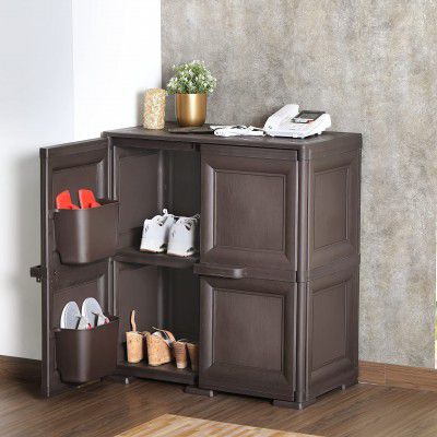 Cello Novelty Premium Medium Plastic Shoe Rack, Brown, 2 Doors & 6 Shelves
