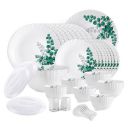 Cello Opalware Dazzle Series Aqua Leaves Dinner Set, 57Pcs | Opal Glass Dinner Set for 8 | Light-Weight, Daily Use Crockery Set for Dining | White Plate and Bowl Set...