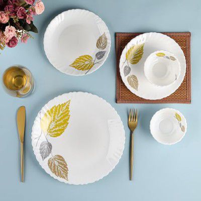 Cello Opalware Dazzle Series Autumn Leaf Dinner Set, 18 Units | Microwave & Dishwasher Safe | Light-Weight & Thermal Resistant | Crockery Set for Dining & Gifting