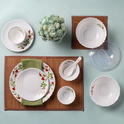 Cello Opalware Dazzle Series Imperial Rose 35 Pcs Dinner Set | Opal Glass Crockery for 6 | Bone Ash-Free | Lightweight, Elegant White Plate & Bowl Set | Opal Glass Dinner Set for Daily Use & Gifting