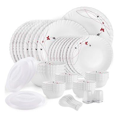Cello Opalware Dazzle Series Lush Fiesta Dinner Set, 49Pcs | Opal Glass Dinner Set for 8 | Light-Weight, Daily Use Crockery Set for Dining | White Plate and Bowl Set
