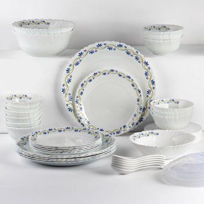 Cello Opalware Dazzle Series Morning Glory Dinner Set, 35 Units | Microwave & Dishwasher Safe | Light-Weight & Thermal Resistant | Crockery Set for Dining & Gifting