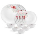 Cello Opalware Dazzle Series Scarlet Bliss Dinner Set, 18 Units | Opal Glass Dinner Set for 6 | White Plate and Bowl Set...