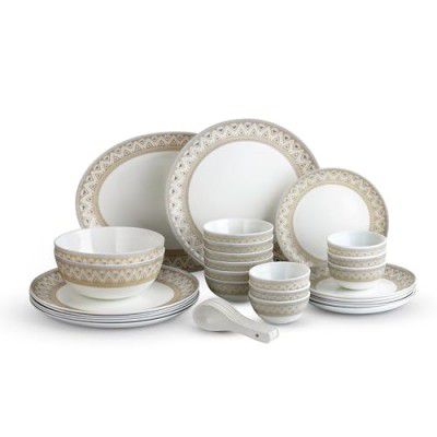 Cello Opalware Divine Series Trinity 33 Pieces Dinner Set | Opal Glass Crockery for 6 | Bone Ash-Free, Lightweight, Elegant White Plate & Bowl Set |Opalglass Dinner Set for Daily Use & Gifting