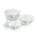 CELLO Opalware Green Orchard Mixing Bowls with Lid (500ml, 1000ml, 1500ml), 3 Units, White...