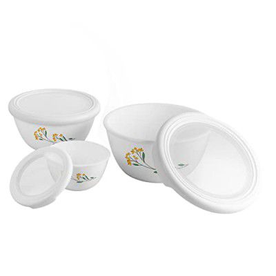 Cello Opalware Mixing Bowl Set with Premium Lid, Yellow Blossom, Set of 3, (500 ml, 1000 ml, 1500 ml), White
