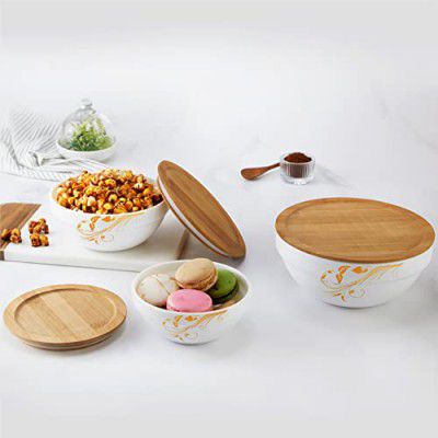 CELLO Opalware Royale Mixing Bowl Set with Bamboo Lid - Vintage 500ml, 1000ml, 1500ml, White, 3 Units