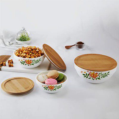 Cello Opalware Royale Mixing Bowl Set with Bamboo Lid - Botanica 500ml, 1000ml, 1500ml, White, 3pcs