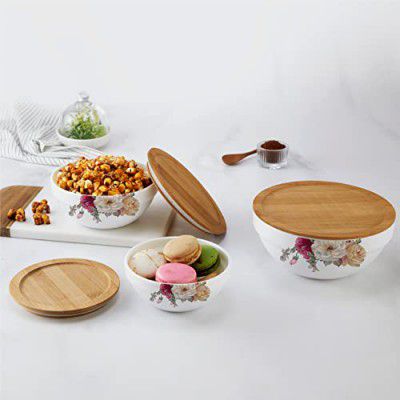 Cello Opalware Royale Mixing Bowl Set with Bamboo Lid - Millenia 500ml, 1000ml, 1500ml, White, 3pcs