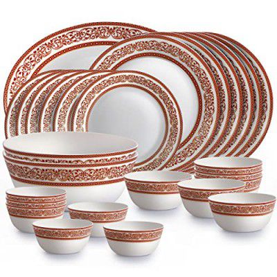 Cello Opalware Solitaire Series Rosso Dinner Set, 27Pcs | Opal Glass Dinner Set for 6 | Crockery Set for Festive Ocassions, Parties | White Plate and Bowl Set